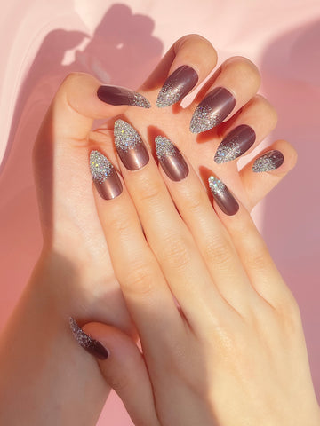 OPOOLA 24 pcs Brown Stiletto Shape French Glitter Fake Press On Nails with Jelly Glue & Nail Buffer